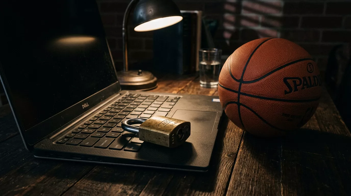 Hangslot op een laptoptoetsenbord met een basketbal ernaast op een donker bureau