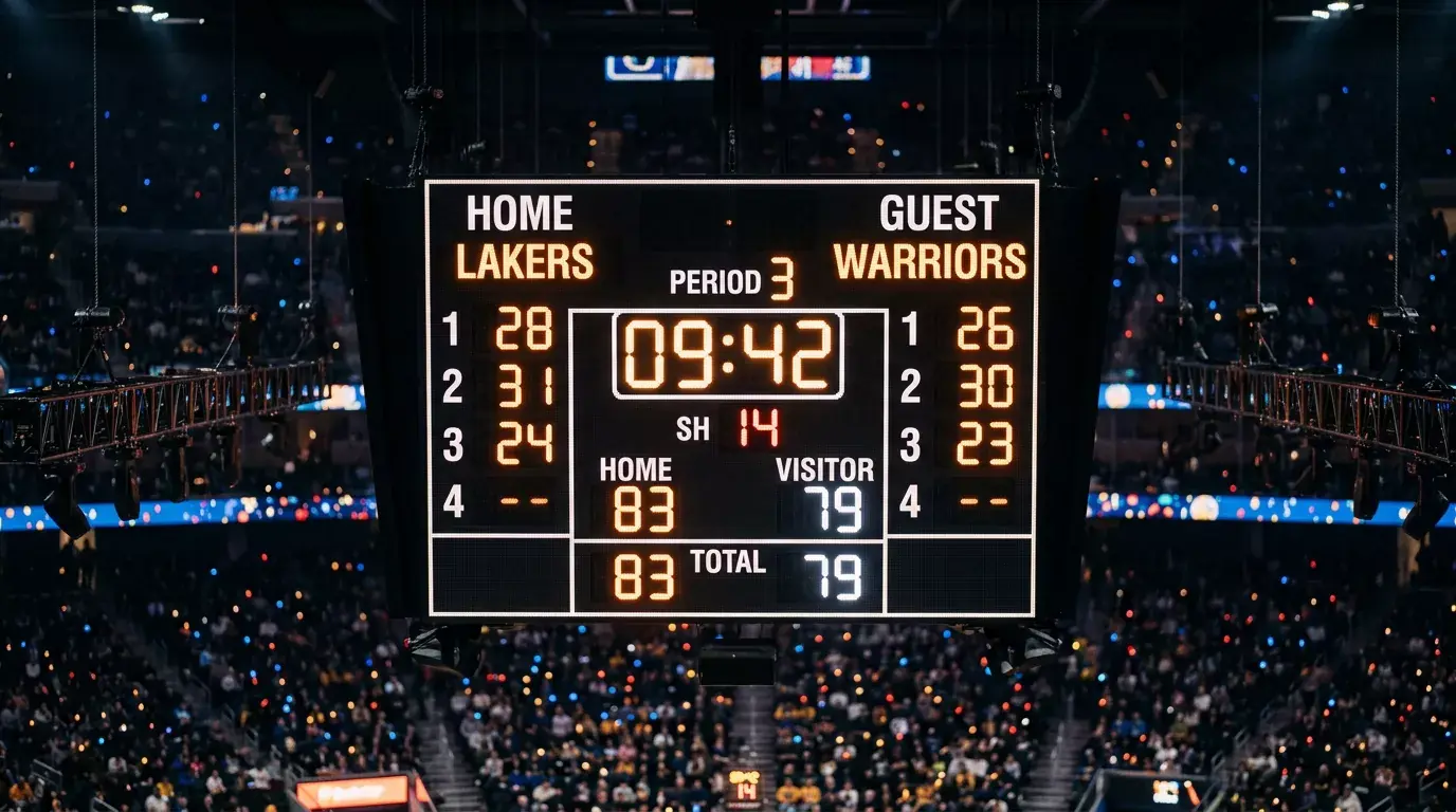 NBA-scorebord met kwartstanden verlicht in een donkere arena