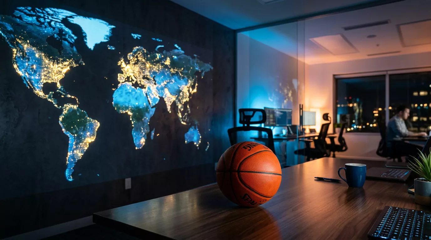Wereldkaart met oplichtende steden en een basketbal op de voorgrond